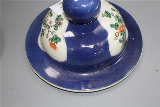 Three Chinese blue ground covers, late 19th century, including a pair with famille verte reserves, diameter approx. 17cm, internal rim